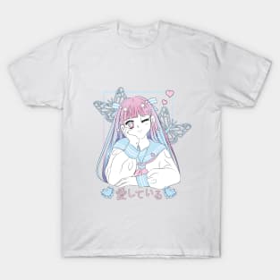 Beauty girl anime color pink and blue T-Shirt